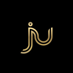 Initial lowercase letter ju, linked outline rounded logo, elegant golden color on black background