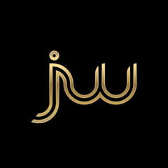 Initial lowercase letter jw, linked outline rounded logo, elegant golden color on black background