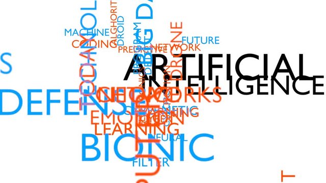 Artificial intelligence word tag cloud. 3D rendering, loop able, white variant, UHD