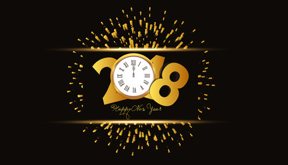 Happy new year 2018 background with fireworks and gold clock