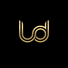 Initial lowercase letter ld, linked outline rounded logo, elegant golden color on black background