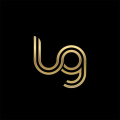 Initial lowercase letter lg, linked outline rounded logo, elegant golden color on black background