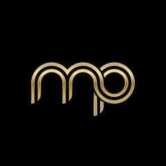 Initial lowercase letter mp, linked outline rounded logo, elegant golden color on black background