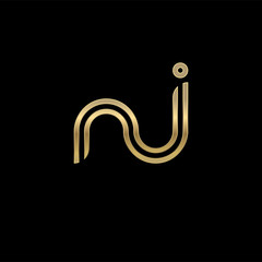 Initial lowercase letter nj, linked outline rounded logo, elegant golden color on black background
