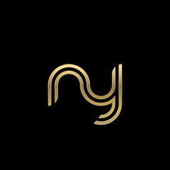 Initial lowercase letter ny, linked outline rounded logo, elegant golden color on black background