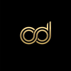 Initial lowercase letter od, linked outline rounded logo, elegant golden color on black background - obrazy, fototapety, plakaty