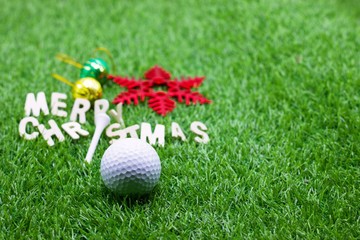 Merry X'mas to golfer with golf ball and tee on green grass