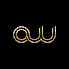 Initial lowercase letter ow, linked outline rounded logo, elegant golden color on black background