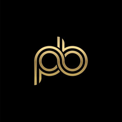 Initial lowercase letter pb, linked outline rounded logo, elegant golden color on black background