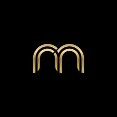 Initial lowercase letter rm, mr, linked outline rounded logo, elegant golden color on black background