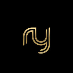 Initial lowercase letter ry, linked outline rounded logo, elegant golden color on black background