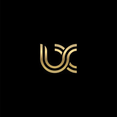 Initial lowercase letter ux, linked outline rounded logo, elegant golden color on black background