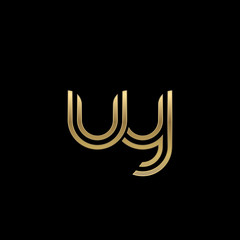 Initial lowercase letter uy, linked outline rounded logo, elegant golden color on black background