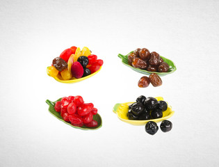 Dried fruits or assorted preserved fruits on background.