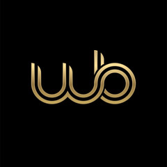 Initial lowercase letter wb, linked outline rounded logo, elegant golden color on black background