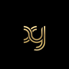 Initial lowercase letter xy, linked outline rounded logo, elegant golden color on black background