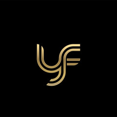 Initial lowercase letter yf, linked outline rounded logo, elegant golden color on black background