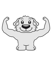 stark muskeln bodybuilder posen fitness trainieren bär klein kind warten gehorsam lustig hund welpe süß niedlich haustier comic cartoon