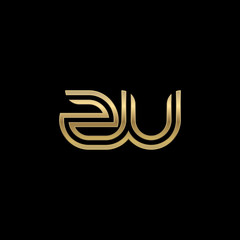 Initial lowercase letter zu, linked outline rounded logo, elegant golden color on black background