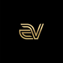 Initial lowercase letter zv, linked outline rounded logo, elegant golden color on black background