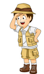 Illustration of a Little Boy in Full Safari Gear Examining Somet