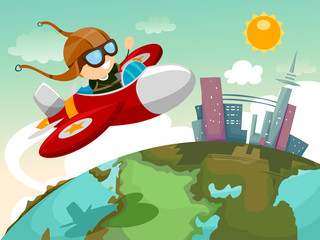 Stickman Kid Boy Globe Plane