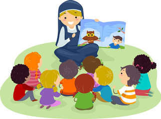 Stickman Kids Nun Read Story Illustration