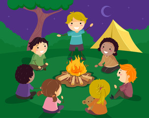 Obraz na płótnie Canvas Stickman Kids Camp Fire Story Telling Illustration
