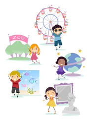 Naklejka premium Stickman Kids Field Trip Locations Illustration