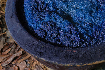 Processing of indigo dyed cotton , fermented dyeing in vat,Thailand - obrazy, fototapety, plakaty
