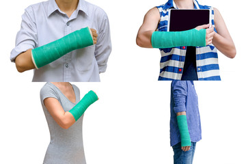 Body injured collage, arm broken with green cast