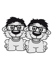 paar team 2 freunde duo hornbrille nerd geek zahnspange pickel intelligent freak sitzen klein kind warten gehorsam lustig hund welpe süß niedlich haustier comic cartoon