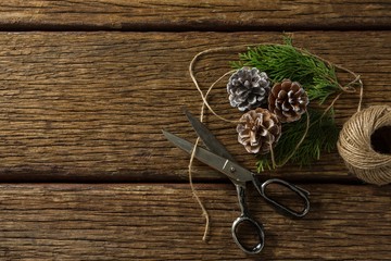 Overhead view of pine cones with scissor and thread spool
