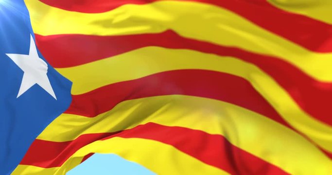 Estelada Blava Flag of Catalonia Republic waving at wind in slow motion, loop