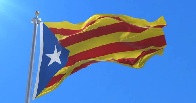 Estelada Blava Flag of Catalonia Republic waving at wind in slow motion, loop