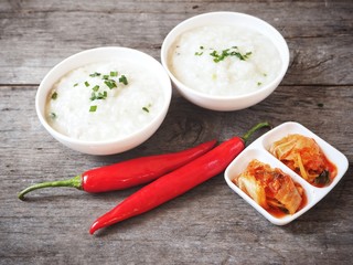 Korean rice porridge with kimchi