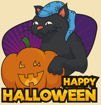 Black Cat with Hat and Smiling Pumpkin Celebrating Halloween, Vector Illustration