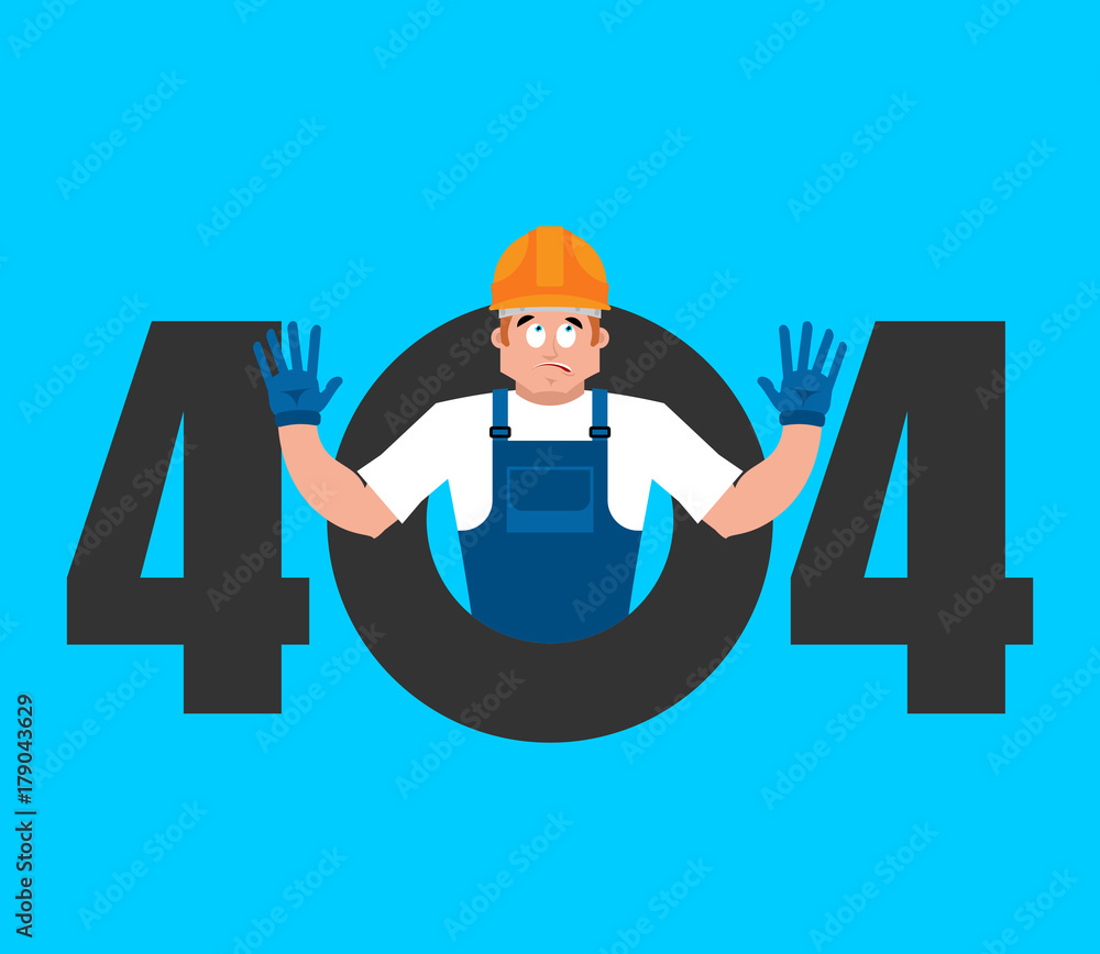 Poster error 404 builder surprise. page not found template for web site. worker in protective helmet does n