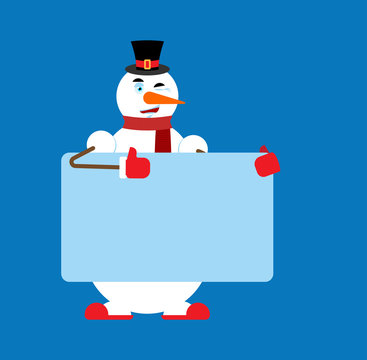 Snowman holding banner blank. place for text. New Year and Christmas vector illustration