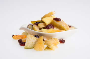 Dried fruits or assorted preserved fruits on background.