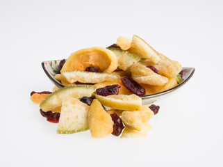 Dried fruits or assorted preserved fruits on background.