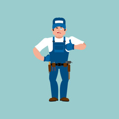 Plumber thumbs up. Fitter winks emoji. Service worker Serviceman cheerful. Vector illustration