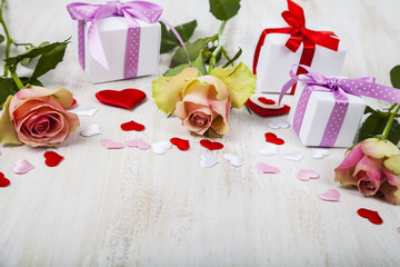 Pink roses,  gift and hearts