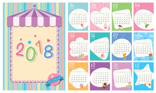 2018 Calendar for twelve month of year design with dessert and drink on colorful background template.