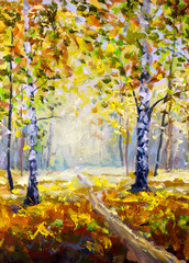 Road in autumn forest - Original oil painting white birch trees in autumn forest. Beautiful expressionism golden autumn landscape. Modern impressionism orange autumn nature painting art.