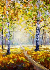 Straße im Herbstwald - Original Ölgemälde Weiße Birken im Herbstwald. Schöne goldene Herbstlandschaft des Expressionismus. Moderner Impressionismus orange Herbst Natur Malerei Kunst. © weris7554