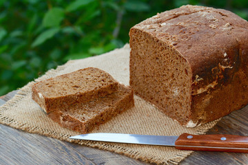 Rye bread on a wooden table