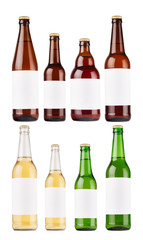 Beer bottles collection different type and colors with blank white label, isolated, mock up. Template for advertising, design, branding identity.