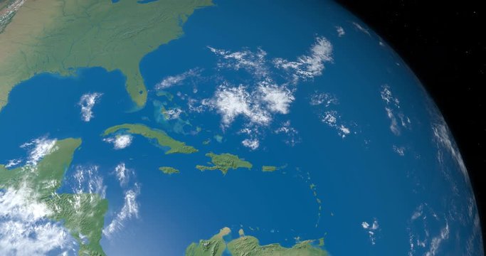 Antilles Islands and Caribbean Sea in planet Earth in rotation, aerial view from outer space