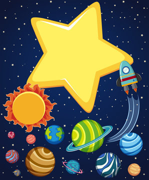 Background scene with rocket and planets in space